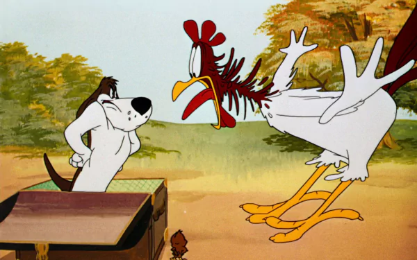 HD PC desktop wallpaper featuring Foghorn Leghorn and a dog from the Looney Tunes TV show in a colorful outdoor scene.