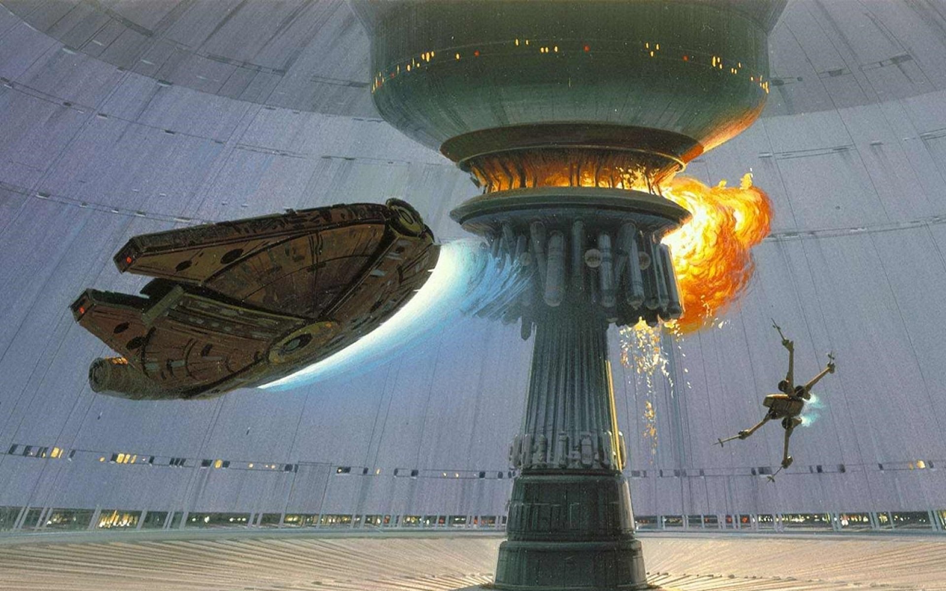 HD PC desktop wallpaper featuring the Millennium Falcon in a Star Wars sci-fi setting, showcasing intense action within a massive circular interior.