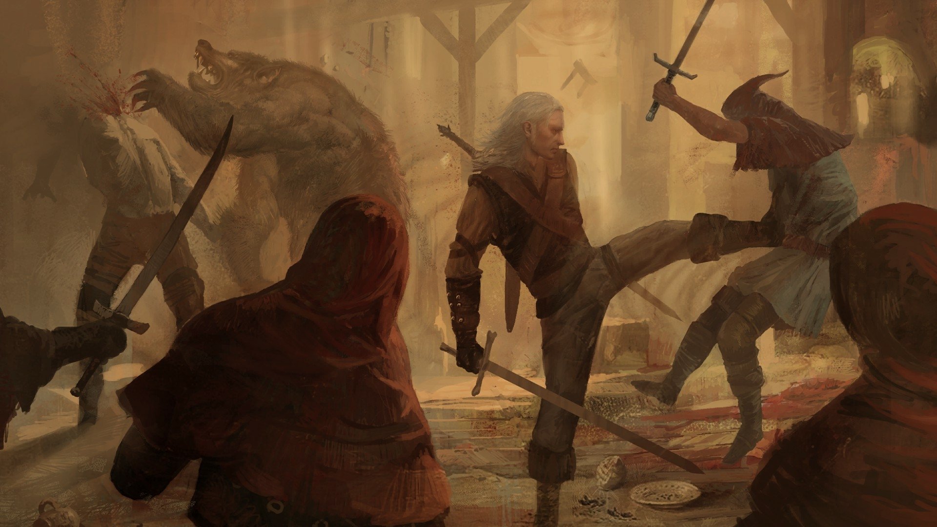 HD PC desktop wallpaper of the video game The Witcher: Geralt battles hooded bandits in a dim tavern, sword raised as he kicks an attacker amid flying debris and splintered wood.