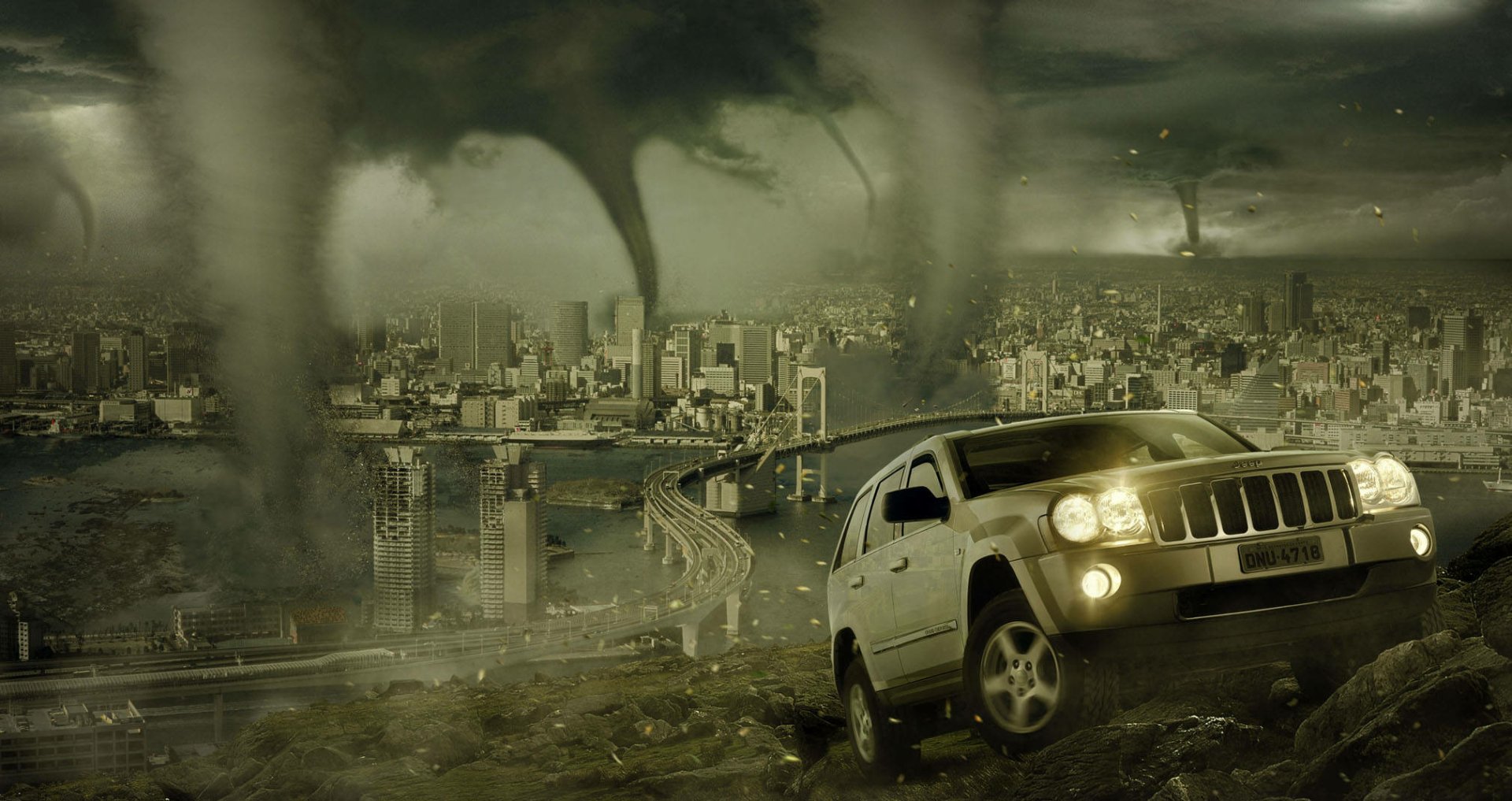 HD sci-fi apocalyptic desktop wallpaper depicting multiple tornadoes ravaging a cityscape with a white SUV in the foreground amid dark, stormy skies.