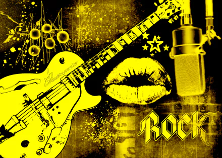 A vibrant rock-themed wallpaper featuring a guitar, microphone, and bold graphics in yellow, celebrating the energy and spirit of rock music.