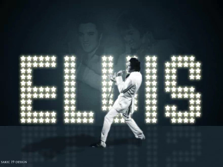 A dynamic HD desktop wallpaper featuring Elvis Presley performing, with his name illuminated in starry lights in the background, capturing the essence of classic rock and roll.