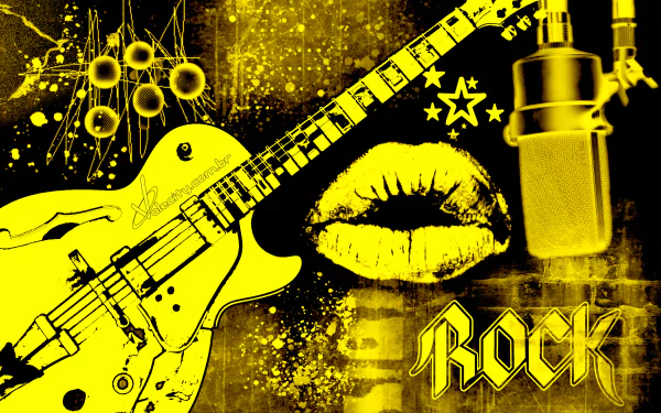 A vibrant rock-themed wallpaper featuring a guitar, microphone, and bold graphics in yellow, celebrating the energy and spirit of rock music.