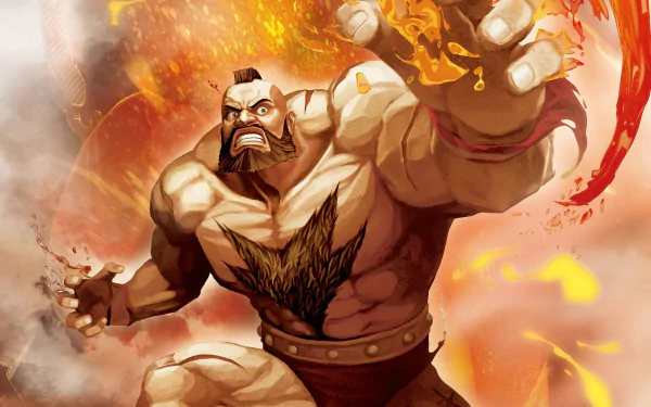 HD PC desktop wallpaper featuring Zangief from the Street Fighter video game, showcasing his muscular build and dynamic fiery background.