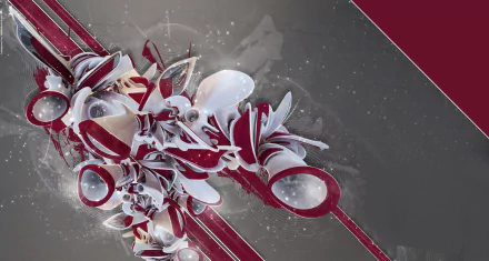 HD PC desktop wallpaper featuring 3D CGI abstract red and white intertwined organic and geometric shapes against a textured gray background.