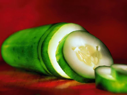 HD PC desktop wallpaper showing a sliced cucumber on a red surface, vivid green skin and pale seeds, food-themed background.
