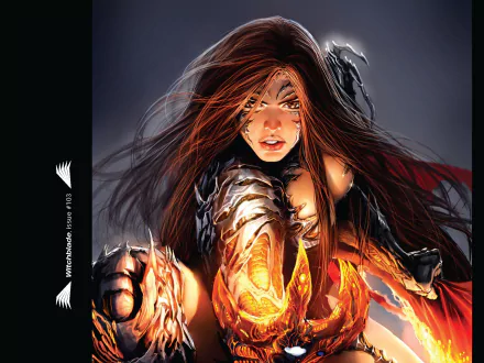 A dynamic HD desktop wallpaper featuring the Witchblade character, showcasing her fierce expression and intricate armor, evoking a sense of power and mystique.