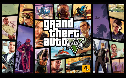 HD desktop wallpaper featuring a collage of Grand Theft Auto V characters Franklin Clinton, Michael De Santa, Trevor Philips, and Chop.