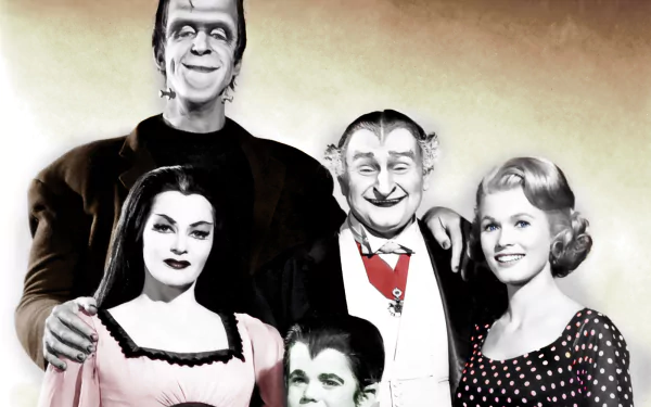 HD PC desktop wallpaper from The Munsters TV show: black-and-white family portrait of Herman, Lily, Grandpa, Eddie and Marilyn against a warm gradient background.
