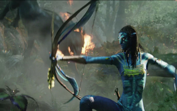 HD PC desktop wallpaper featuring a scene from the movie Avatar, showing a blue Na'vi character aiming a bow in a lush, misty forest environment.