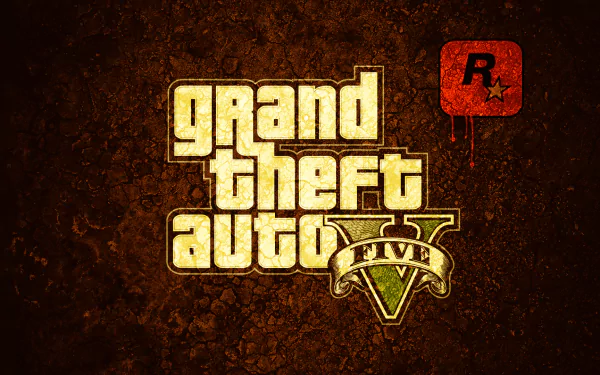 HD desktop wallpaper featuring the Grand Theft Auto V logo with the distinctive Rockstar Games emblem on a gritty background.