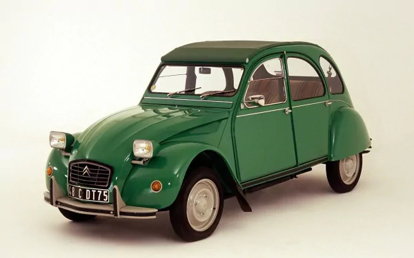 HD desktop wallpaper featuring a classic green Citroën 2 CV vehicle against a plain background, showcasing its vintage design and iconic style.