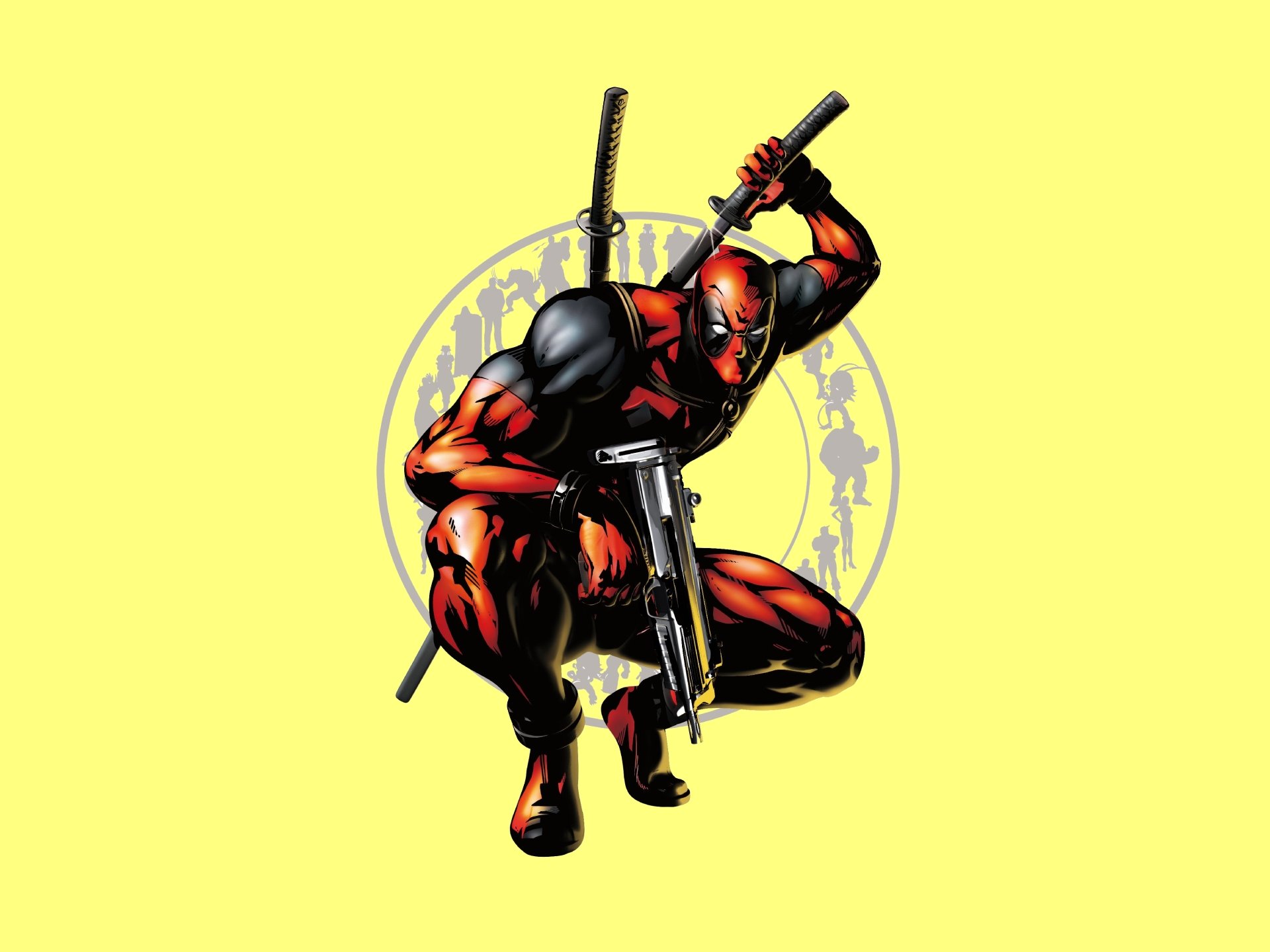 Comic-style Deadpool (Merc with a Mouth) 4K Ultra HD PC desktop wallpaper: crouching red-and-black antihero with katanas and a pistol against a bright yellow backdrop.