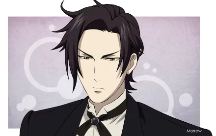 HD anime wallpaper featuring Claude Faustus, the demon butler from Kuroshitsuji (Black Butler), with a serious expression against a soft purple background.