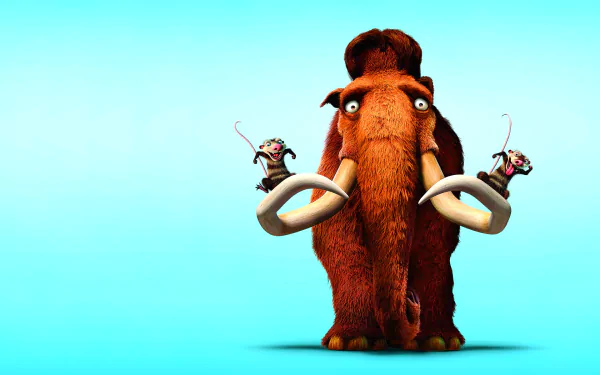 HD PC desktop wallpaper featuring characters from the movie Ice Age: Dawn of the Dinosaurs, including a woolly mammoth and two small creatures against a bright blue background.