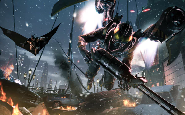 HD PC desktop wallpaper from the video game Batman: Arkham Origins featuring Batman and an armored enemy in a dark, snowy urban battle scene.