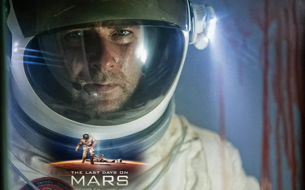 Sci-fi movie HD PC desktop wallpaper: close-up of a helmeted astronaut with reflected lights and a tiny Mars landscape — poster for The Last Days on Mars.