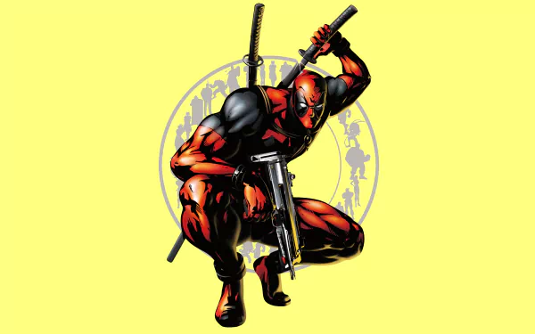 Comic-style Deadpool (Merc with a Mouth) 4K Ultra HD PC desktop wallpaper: crouching red-and-black antihero with katanas and a pistol against a bright yellow backdrop.