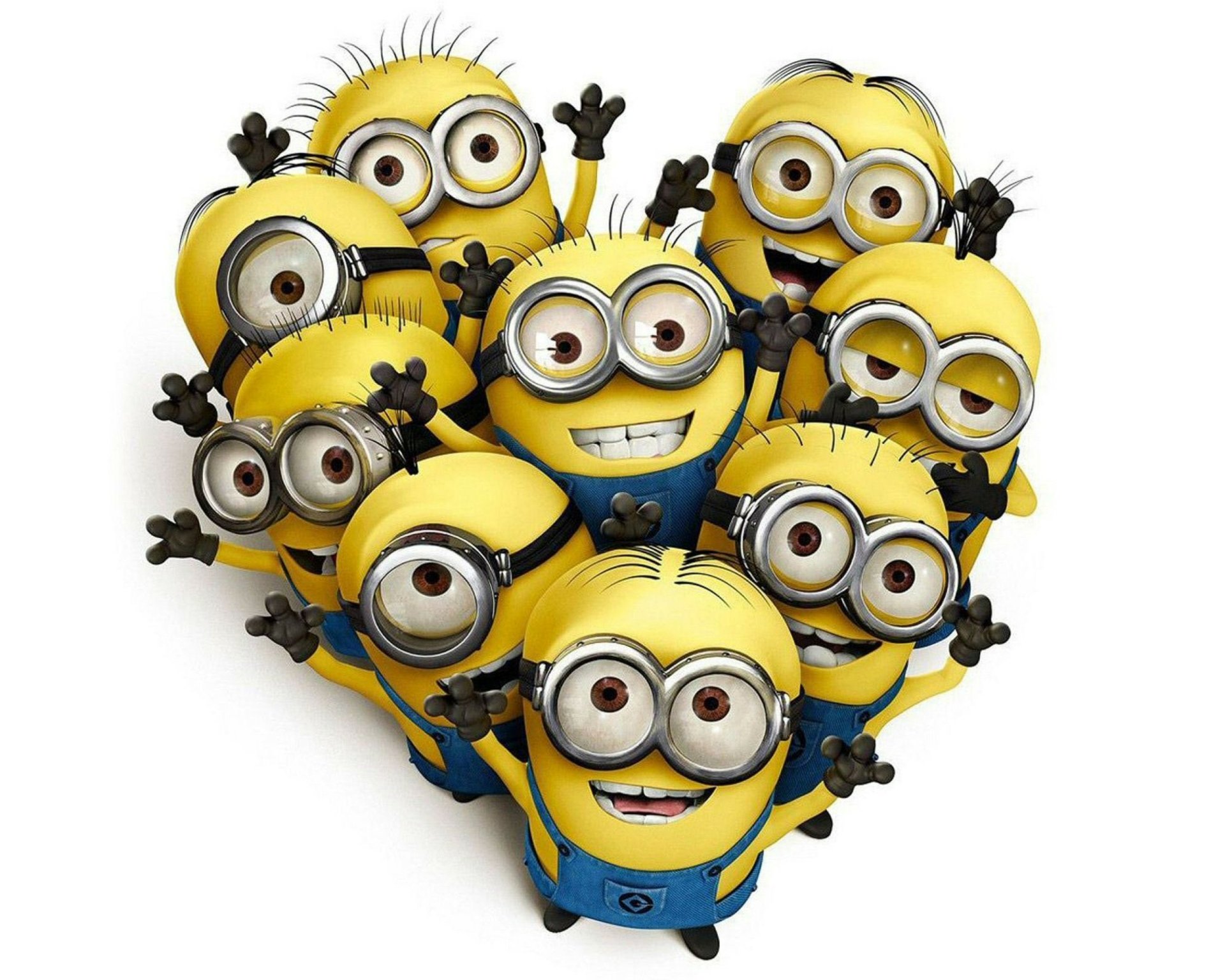 HD desktop wallpaper featuring a cheerful cluster of Minions from Despicable Me 2, smiling and posing together.