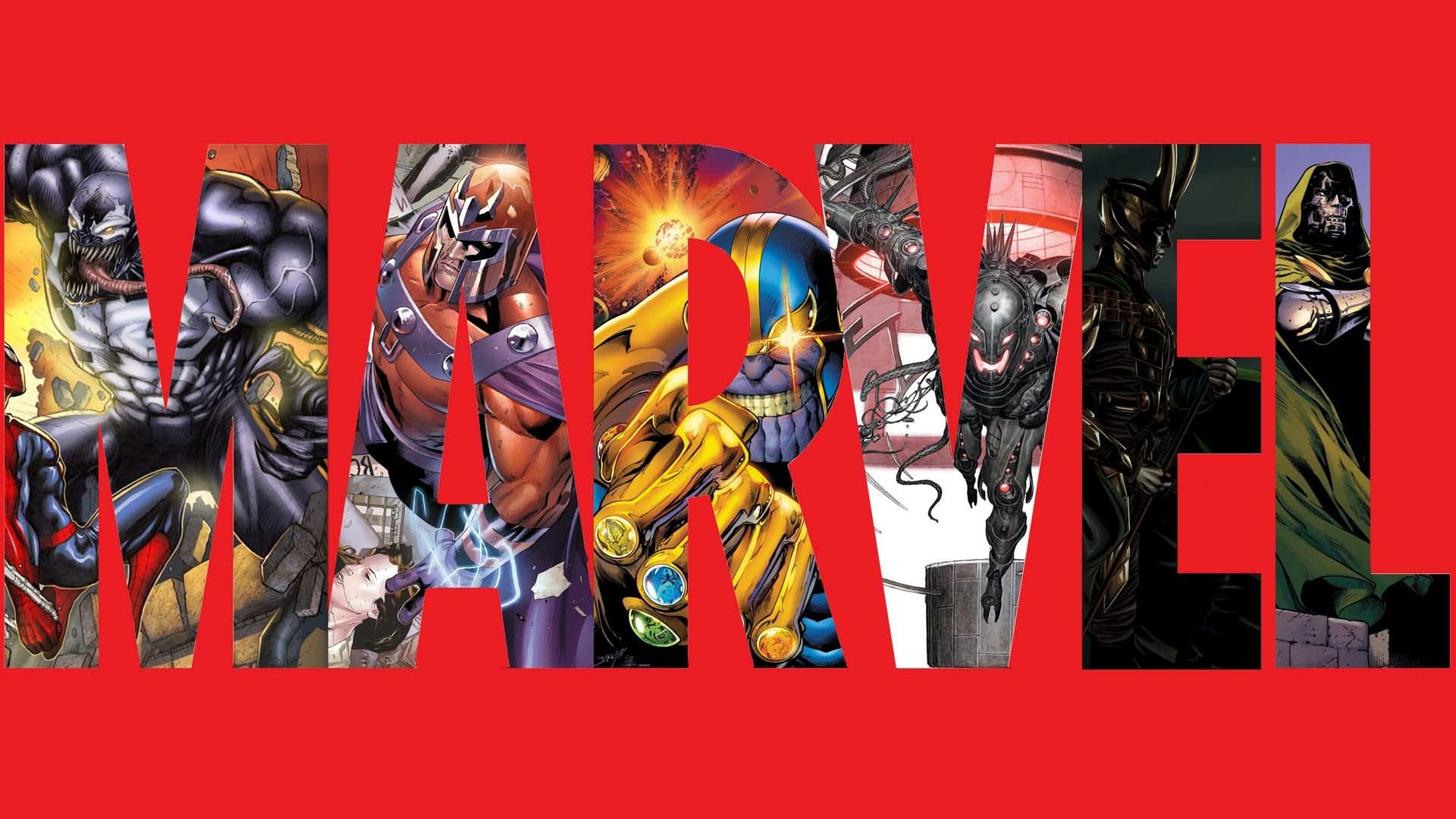 An HD wallpaper featuring iconic Marvel characters, including Thanos, Doctor Doom, Loki, Magneto, and Venom, creatively integrated into the bold MARVEL logo against a vibrant red background.