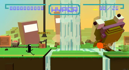 HD desktop wallpaper of BIT.TRIP RUNNER game showcasing the character mid-action in a colorful, pixelated level.