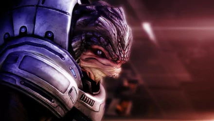 HD PC desktop wallpaper featuring Grunt from the video game Mass Effect, showcasing the character's detailed armor and intense expression in a sci-fi setting.