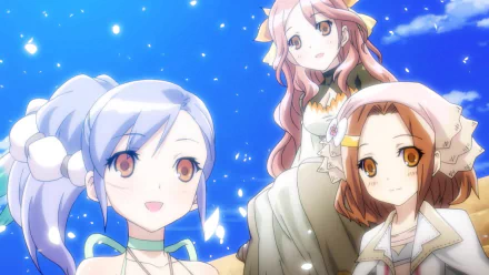 HD desktop wallpaper from Rune Factory: Tides of Destiny featuring three animated characters smiling against a starry night sky.