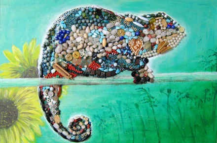 Artistic HD desktop wallpaper featuring a chameleon crafted from colorful buttons, beads, and small objects against a soft teal background with a sunflower detail.