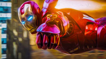 An oil painting of Iron Man soaring through the sky, featuring vibrant colors and dynamic movement, serves as a striking HD wallpaper and background.