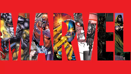 An HD wallpaper featuring iconic Marvel characters, including Thanos, Doctor Doom, Loki, Magneto, and Venom, creatively integrated into the bold MARVEL logo against a vibrant red background.