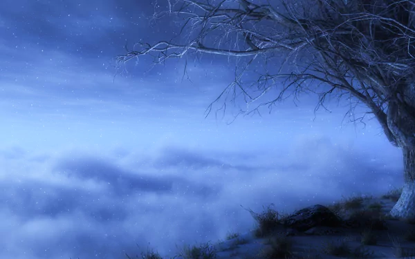HD PC desktop wallpaper featuring a solitary tree on a misty hillside under a serene, starry night sky.