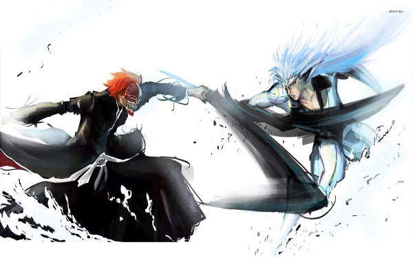 HD PC desktop anime wallpaper of Bleach showing Ichigo Kurosaki and Grimmjow Jaegerjaquez clashing midair, blades colliding with black and blue energy streaks.