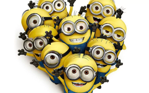 HD desktop wallpaper featuring a cheerful cluster of Minions from Despicable Me 2, smiling and posing together.
