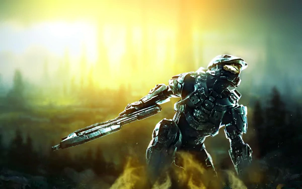 A stunning HD desktop wallpaper featuring a character from Halo 4, standing in a dramatic landscape with a glowing background and futuristic weaponry, capturing the essence of the game.