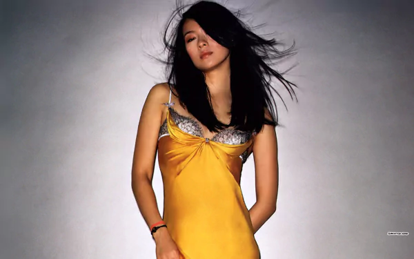 HD PC desktop wallpaper featuring celebrity Zhang Ziyi in a flowing yellow dress against a neutral background.