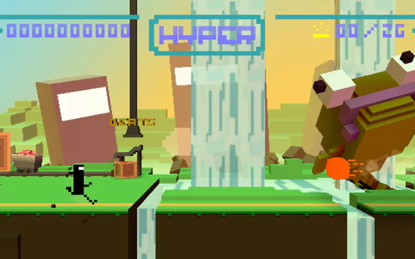 HD desktop wallpaper of BIT.TRIP RUNNER game showcasing the character mid-action in a colorful, pixelated level.