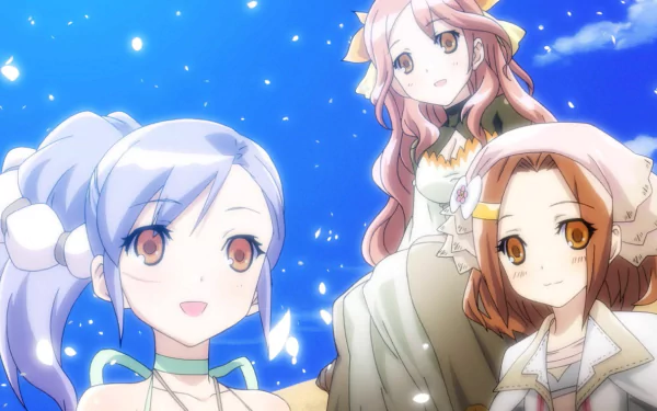 HD desktop wallpaper from Rune Factory: Tides of Destiny featuring three animated characters smiling against a starry night sky.