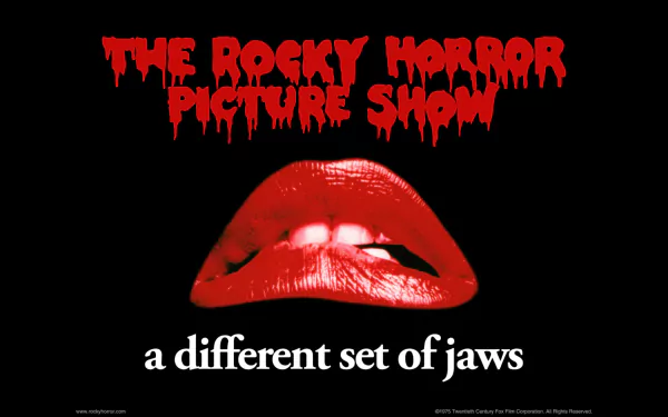 HD PC desktop wallpaper of The Rocky Horror Picture Show poster: glossy red lips beneath dripping red title text, with the tagline a different set of jaws on a black background.
