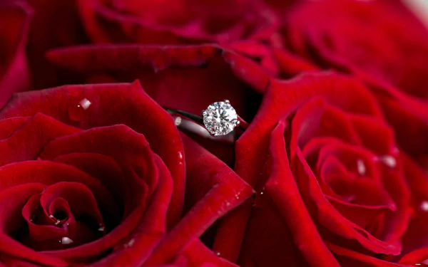 A stunning close-up of a diamond ring nestled among vibrant red roses, creating an elegant and romantic HD desktop wallpaper background.