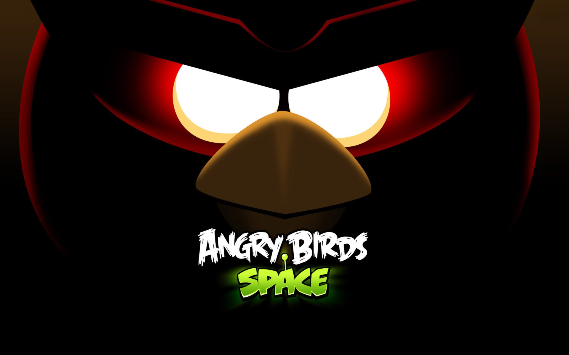 HD PC desktop wallpaper featuring a close-up of the red bird from the video game Angry Birds Space with its intense glowing eyes and logo below.