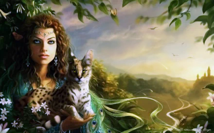 Fantasy-themed HD PC desktop wallpaper featuring a woman with ornate face paint holding a spotted cat, set against a mystical landscape with flowing greenery and distant hills.