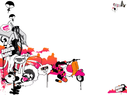 HD desktop wallpaper featuring a vibrant, retro illustration of a scooter among colorful, playful elements including animals, people, and various whimsical objects.