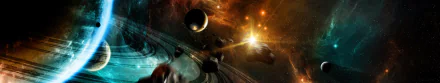 A stunning sci-fi desktop wallpaper featuring a vibrant planetary ring surrounded by asteroids and bright stars, set in a cosmic backdrop of swirling colors and light.