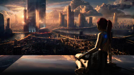 HD wallpaper featuring a robot sitting atop a building, gazing at a futuristic cityscape illuminated by a sunset reflection.