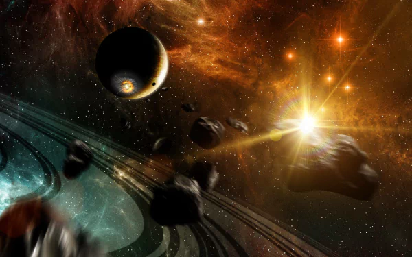 A stunning sci-fi desktop wallpaper featuring a vibrant planetary ring surrounded by asteroids and bright stars, set in a cosmic backdrop of swirling colors and light.