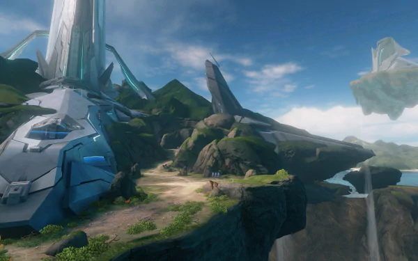 5K Ultra HD PC desktop wallpaper and background from Halo 4: Forerunner structures, floating islands and rugged coastal cliffs beneath a bright blue sky.