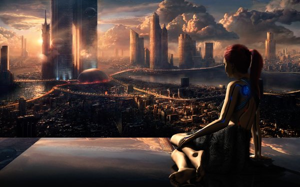 Science Fiction Ville Coucher de Soleil Réflection Robot Futuristic City Fond d'écran HD | Image