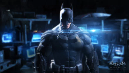 HD wallpaper featuring Batman from the video game Batman: Arkham Origins, showcasing the iconic character in a dark, dynamic setting with glowing computer screens.