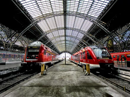 HD desktop wallpaper featuring a train station in Germany with two red trains facing each other under a large arched metal and glass roof.