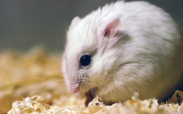 A close-up of a fluffy white hamster sitting on soft bedding, showcasing its curious expression. This high-definition image serves as an engaging desktop wallpaper.